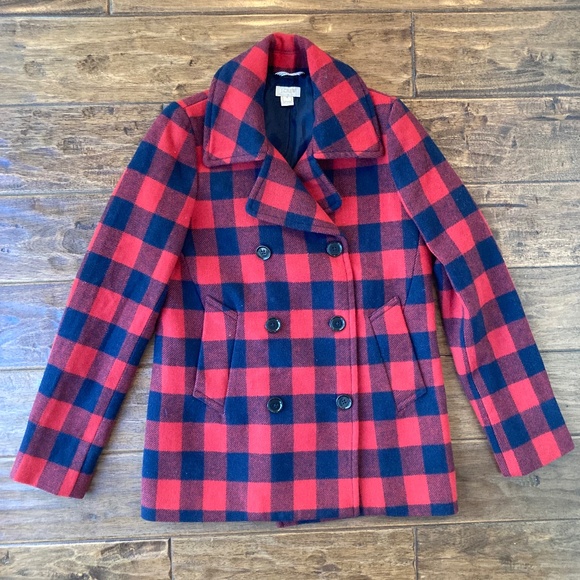J. Crew sz 4 Wool Blend Red & Navy Buffalo Check Plaid Peacoat Winter Holiday - Picture 1 of 11